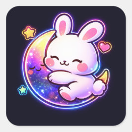 Pegatina Cuadrada Easter Bunny Sleeping on Galaxy Moon Neon Sticker