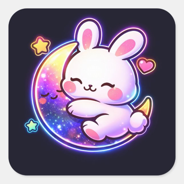 Pegatina Cuadrada Easter Bunny Sleeping on Galaxy Moon Neon Sticker (Anverso)