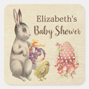 Pegatina Cuadrada Easter Bunny Vintage Rabbit & Chicken Baby Shower