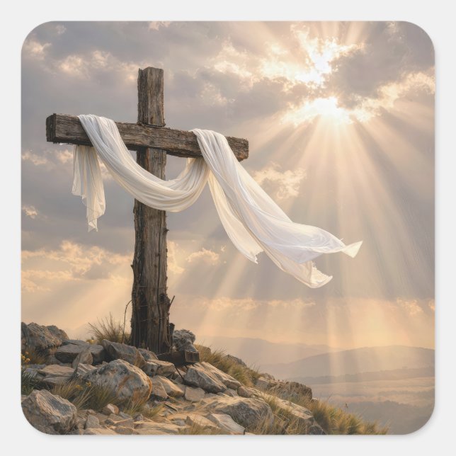 Pegatina Cuadrada Easter Cross with Shroud at Sunrise (Anverso)