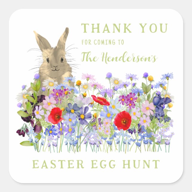 Pegatina Cuadrada Easter Egg Hunt Bunny Floral Gracias (Anverso)