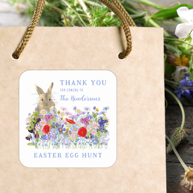 Pegatina Cuadrada Easter Egg Hunt Bunny Floral Gracias (Easter brunch and egg hunt custom thank you sticker for favor bags watercolor florals and cute bunny)