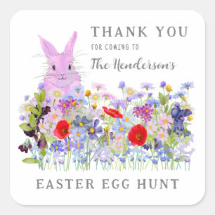 Pegatina Cuadrada Easter Egg Hunt Bunny Floral Gracias