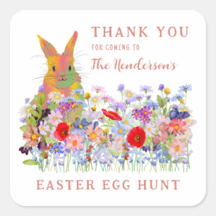 Pegatina Cuadrada Easter Egg Hunt Bunny Wildflower Gracias