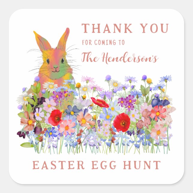 Pegatina Cuadrada Easter Egg Hunt Bunny Wildflower Gracias (Anverso)