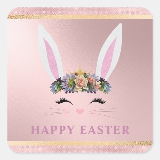Pegatina Cuadrada Easter Girly Rubor Pink Floral Bunny (Anverso)