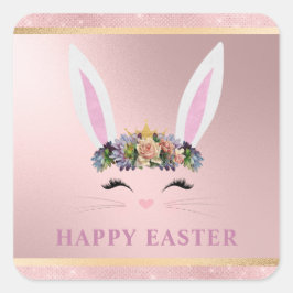 Pegatina Cuadrada Easter Girly Rubor Pink Floral Bunny