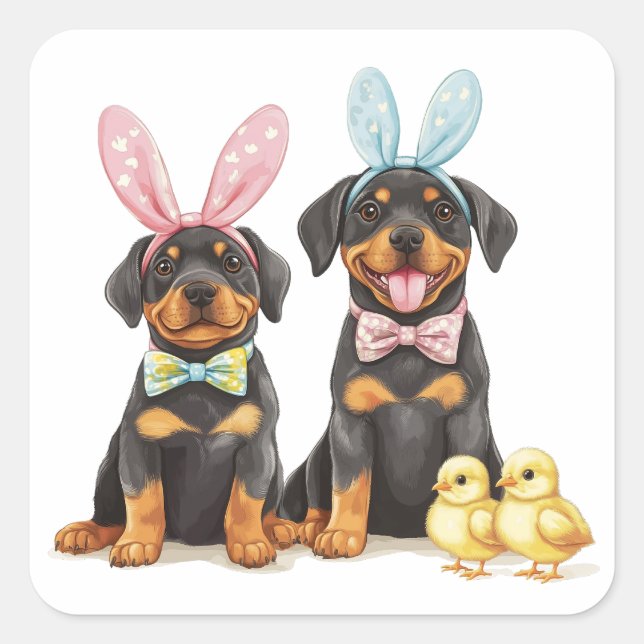Pegatina Cuadrada Easter Rottweiler Dogs Bunny Ears (Anverso)