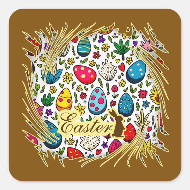 Pegatina Cuadrada Easter Wreath – Spring Bunny - Autocolante (Anverso)