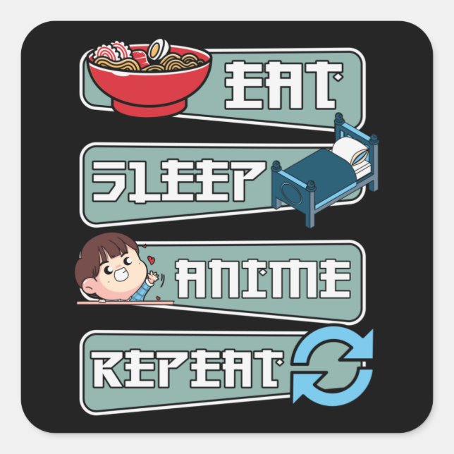 Pegatina Cuadrada Eat Sleep Anime Repeat Japanese | Kawaii Design (Anverso)