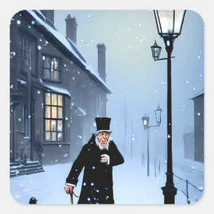 Pegatina Cuadrada Ebenezer Scrooge Snowy Victorian Street