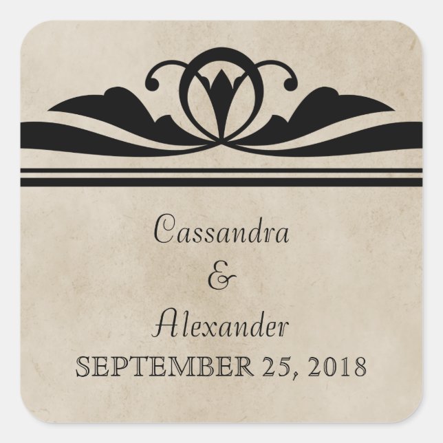 Pegatina Cuadrada Ebony Elegant Deco Wedding Stickers (Anverso)