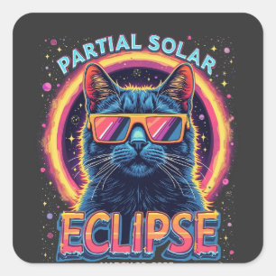 Pegatina Cuadrada Eclipse solar parcial de gatito de 2025