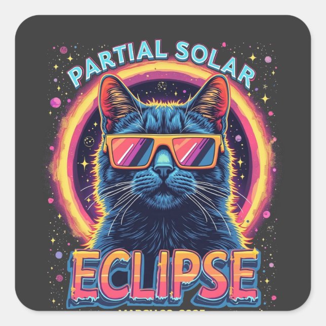 Pegatina Cuadrada Eclipse solar parcial de gatito de 2025 (Anverso)