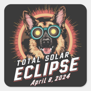 Pegatina Cuadrada Eclipse solar total abril 2024 Perro pastor alemán