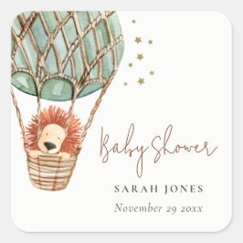 Pegatina Cuadrada Eco Green Hot Air Balloon Lion Magic Baby Shower