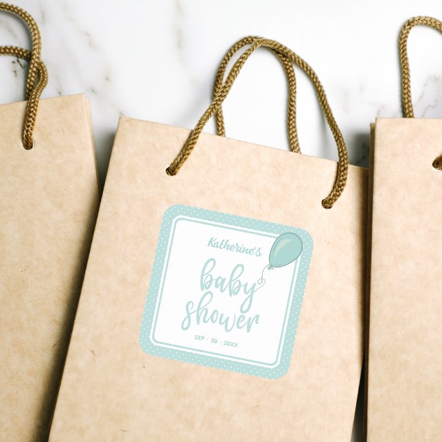 Pegatina Cuadrada Ecologismo de la Casa de la Moneda Neutral de Géne (Baby Shower Gender Neutral Mint Green Square Thank You Sticker with Polka Dots, Mother's Name, Date.)