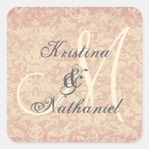 Pegatina Cuadrada Ecru Vintage Wedding Grunge Damask Monogram V01