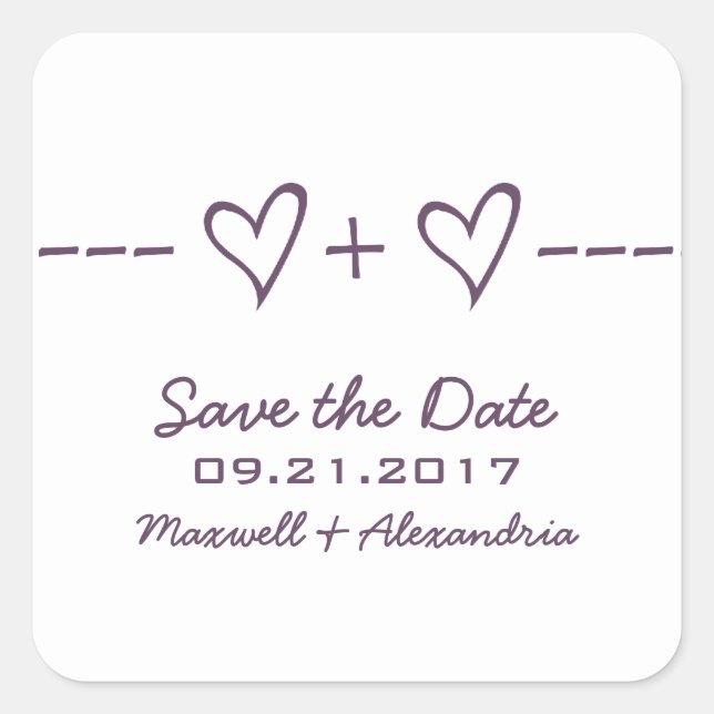 Pegatina Cuadrada Ecuación de Purple Heart Save the Date Pegatinas (Anverso)