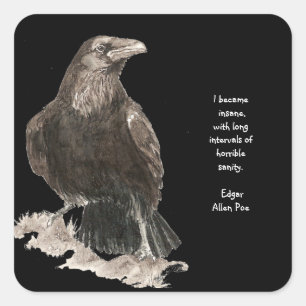 Pegatina Cuadrada Edgar Allen Poe Insanity Cita Watercolor Raven