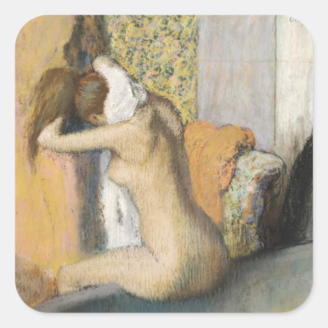 Pegatina Cuadrada Edgar Degas | Después del baño, la mujer se seca e (Anverso)