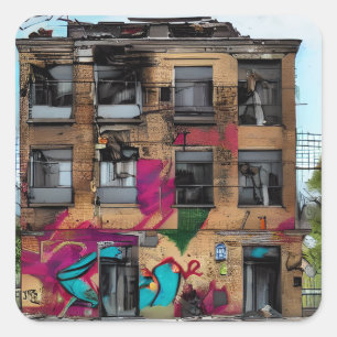 Pegatina Cuadrada Edificio abandonado Resumen Arte AI