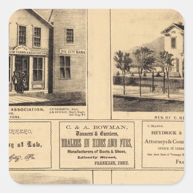 Pegatina Cuadrada Edificios, Ciudad Petrolera, Franklin, Granja Tarr (Anverso)