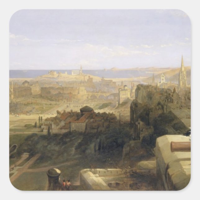 Pegatina Cuadrada Edimburgo desde el Castillo, 1847 (aceite sobre li (Anverso)