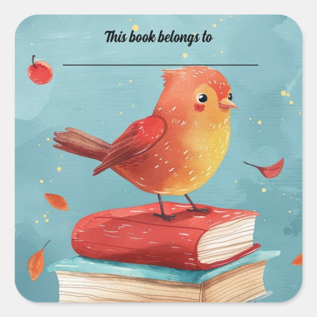 Pegatina Cuadrada Editable Bird on Books Bookplate Sticker (Anverso)