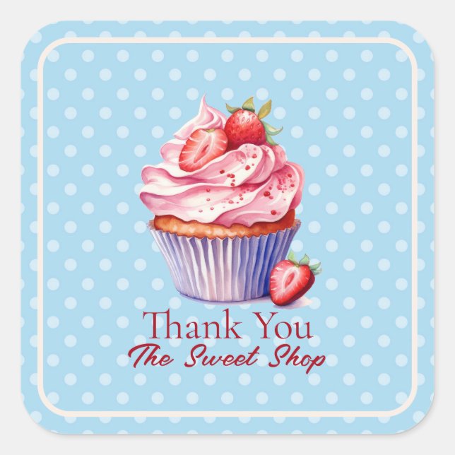 Pegatina Cuadrada Editable Blue Bakery Thank You  | Cupcake Logo (Anverso)