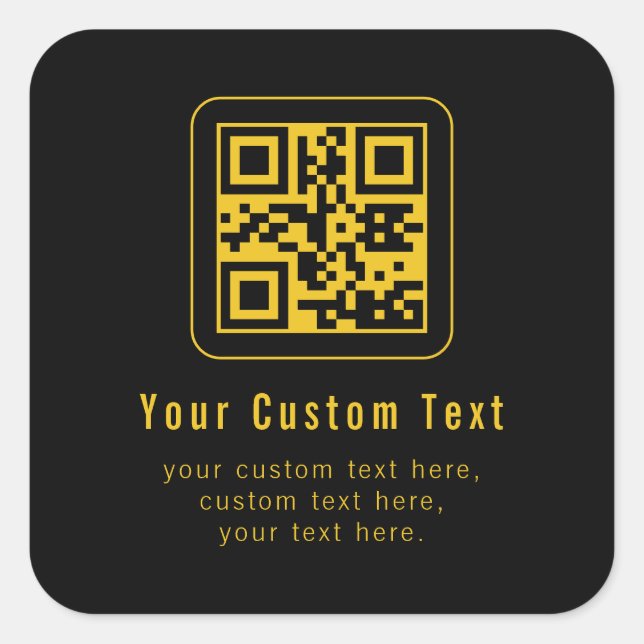 Pegatina Cuadrada Editable QR Code & Text Template | Black & Gold (Anverso)
