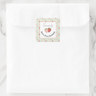 Pegatina Cuadrada Editable Square Strawberry Gingham 1st Birthday 