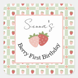 Pegatina Cuadrada Editable Square Strawberry Gingham 1st Birthday