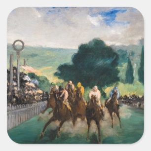 Pegatina Cuadrada Edouard Manet - Las carreras en Longchamp
