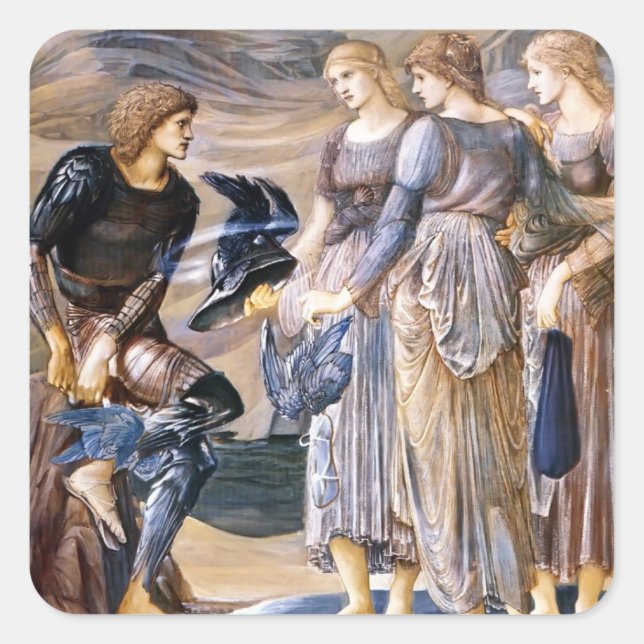 Pegatina Cuadrada Edward Burne-Jones-Perseus y las ninfas marinas (Anverso)