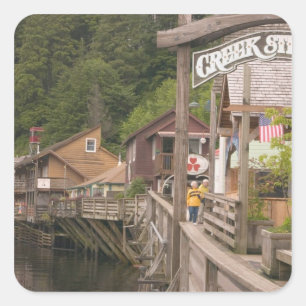 Pegatina Cuadrada EE. UU., Alaska, Ketchikan, Creek Street, centro