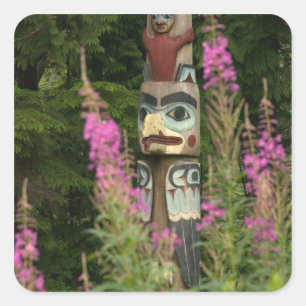 Pegatina Cuadrada EE. UU., Alaska, Ketchikan, Totem Bight State
