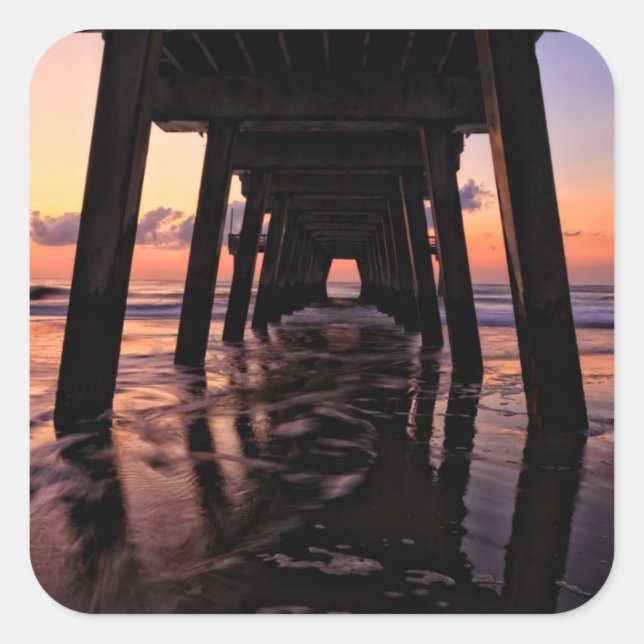 Pegatina Cuadrada EE.UU., Georgia, Isla Tybee, Pier En La Isla Tybee (Anverso)