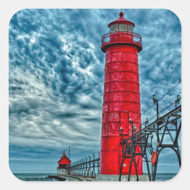 Pegatina Cuadrada EE. UU., Grand Haven, Michigan, faro (Anverso)