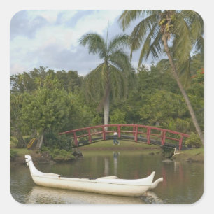 Pegatina Cuadrada EE. UU., Hawái, Kauai, Jardín de Luau de la famili