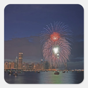Pegatina Cuadrada EE. UU., Illinois, Chicago, fuegos artificiales de