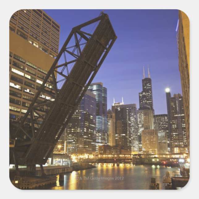 Pegatina Cuadrada EE.UU., Illinois, Chicago, Río Chicago (Anverso)