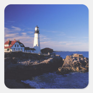 Pegatina Cuadrada EE. UU., Maine. Faro de Portland Head.