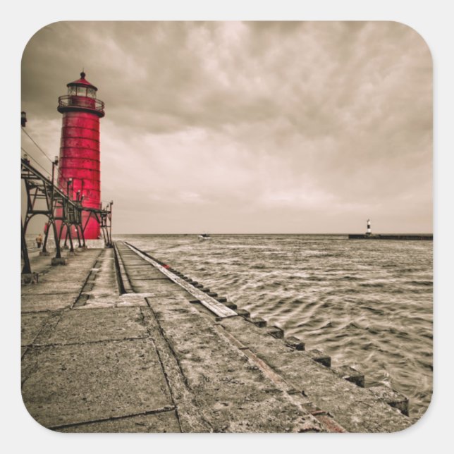 Pegatina Cuadrada EE. UU., Michigan, Faro de Grand Haven (Anverso)