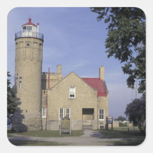 Pegatina Cuadrada EE. UU., Michigan Faro de Old Mackinac Point
