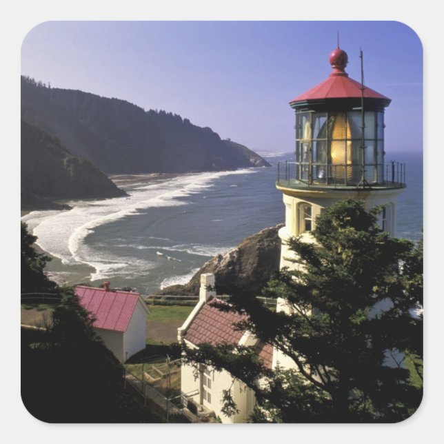 Pegatina Cuadrada EE. UU., Oregón, Florence. Faro de Heceta Head (Anverso)
