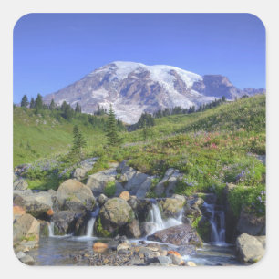 Pegatina Cuadrada EE. UU., Washington, Mt. Rainier NP, Mt. Rainier y