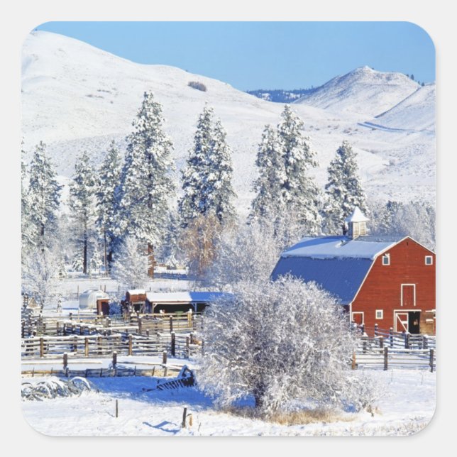 Pegatina Cuadrada EEUU, Washington, Methow Valley, Barns en (Anverso)