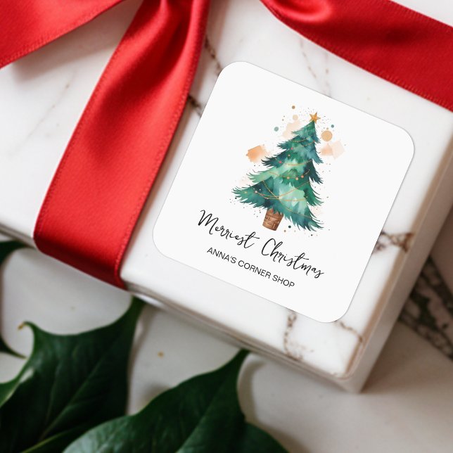 Pegatina Cuadrada Efecto acuarela moderno Árbol de Navidad Negocios (Modern Watercolor Effect Christmas Tree Square Sticker for Business or Families Christmas Gifts. )