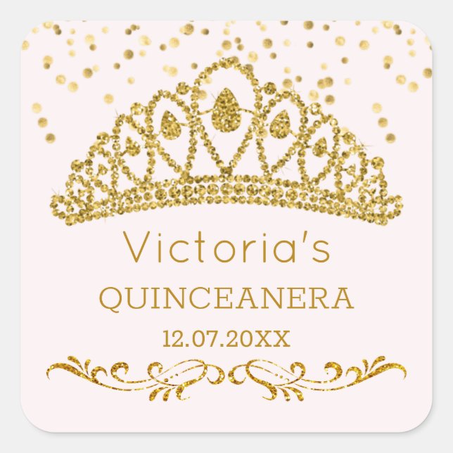 Pegatina Cuadrada Efecto purpurina de oro tiara, confetti Quinceaner (Anverso)